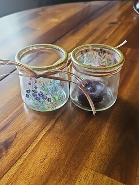 Handcrafted Decopaged Floral Glass Candle Holders - Gold Rim, Natural Twine